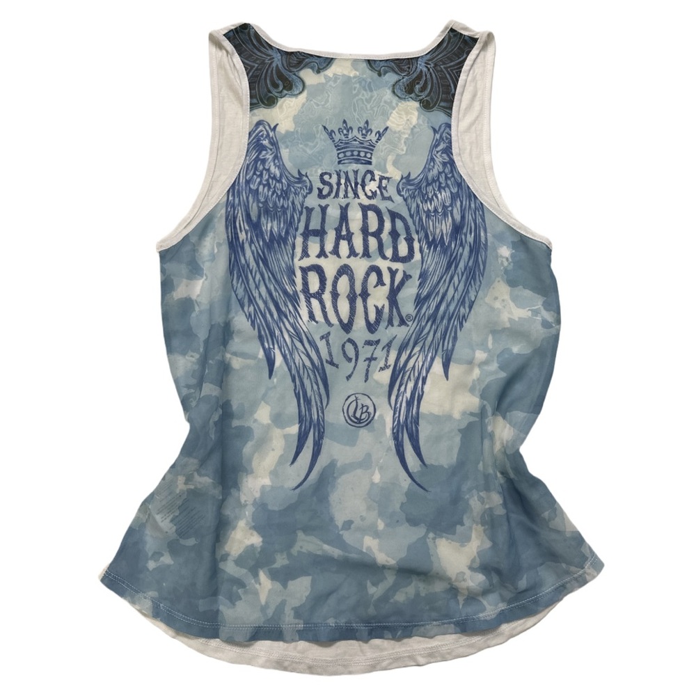 Y2K HARD ROCK hollywood women's white/blue sheer graphic tank, L.